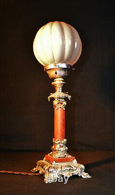 Rare French L/E art deco lamp Rogue Marble & silver plate Opaline globe shade