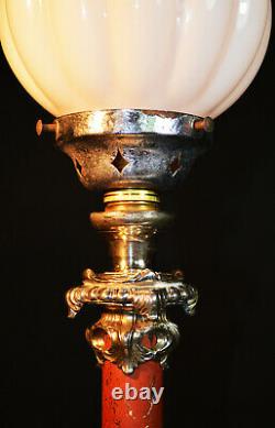 Rare French L/E art deco lamp Rogue Marble & silver plate Opaline globe shade