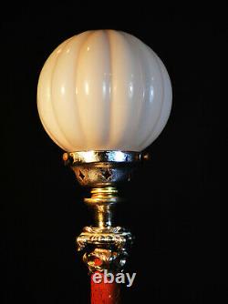 Rare French L/E art deco lamp Rogue Marble & silver plate Opaline globe shade