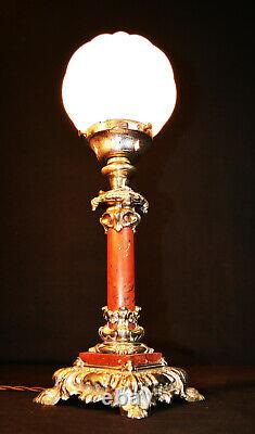 Rare French L/E art deco lamp Rogue Marble & silver plate Opaline globe shade