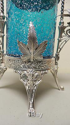 Rare Huge Victorian Pickle Castor, Aqua Glass Insert, Meriden Silver Plate Stand