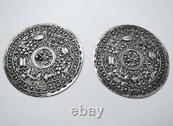 Rare Straits Chinese Peranakan Antique Solid Silver Bolster Ends Buntal Plates