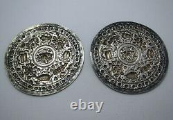 Rare Straits Chinese Peranakan Antique Solid Silver Bolster Ends Buntal Plates