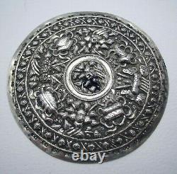 Rare Straits Chinese Peranakan Antique Solid Silver Bolster Ends Buntal Plates