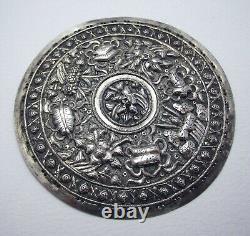 Rare Straits Chinese Peranakan Antique Solid Silver Bolster Ends Buntal Plates