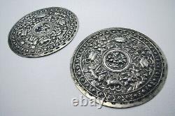 Rare Straits Chinese Peranakan Antique Solid Silver Bolster Ends Buntal Plates