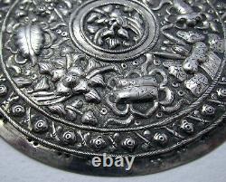 Rare Straits Chinese Peranakan Antique Solid Silver Bolster Ends Buntal Plates