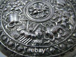 Rare Straits Chinese Peranakan Antique Solid Silver Bolster Ends Buntal Plates