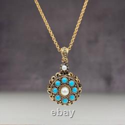 Round Lab Created Turquoise Women Antique Pendant 14K Yellow Gold Plated Silver