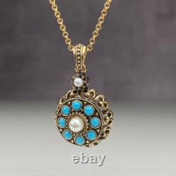Round Lab Created Turquoise Women Antique Pendant 14K Yellow Gold Plated Silver