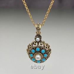 Round Lab Created Turquoise Women Antique Pendant 14K Yellow Gold Plated Silver