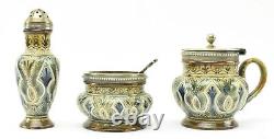 Royal Doulton Lambeth Cruet Set Silver Plated tops by Emily H Hawksby Circa 1883