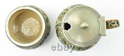 Royal Doulton Lambeth Cruet Set Silver Plated tops by Emily H Hawksby Circa 1883