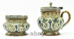 Royal Doulton Lambeth Cruet Set Silver Plated tops by Emily H Hawksby Circa 1883