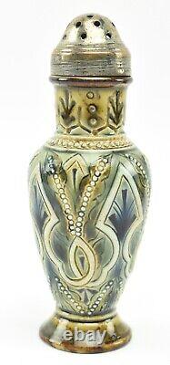 Royal Doulton Lambeth Cruet Set Silver Plated tops by Emily H Hawksby Circa 1883