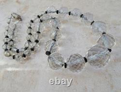 SENSATIONAL ART DECO GRADUATED ROCK CRYSTAL NECKLACE black onyx glass rondelles