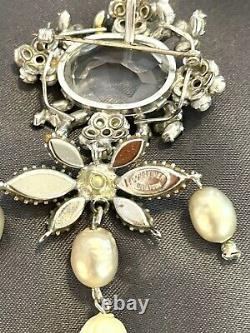SIGNED SCHREINER Pearl HUGE Clear Crystal Cabochon Drop Pin/Pendant Vintage 4