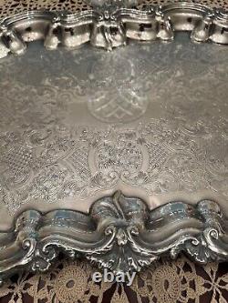 SILVERPLATE Large Serving Tray Server silver plate plated Vintage etched handles