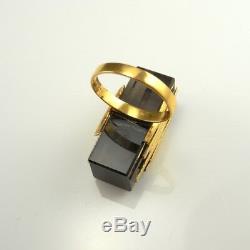 SMOKY Quartz Ring Gold Plated Sterling Silver Unisex Big Modernist Statement 70s