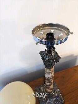 SUPERB Antique Victorian Silver Plated Brass Marble Lamp Glass Shade Rare Large