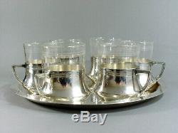 Set O. Six Wmf Ca. 1910 Art Nouveau Secessionist Teaglass Holders On Tray S/pl