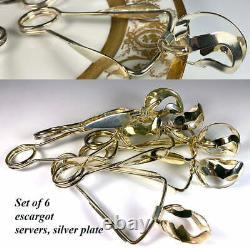 Set of 6 Vintage French Silver Plate Escargot Tongs, Servers, Clamps Tools