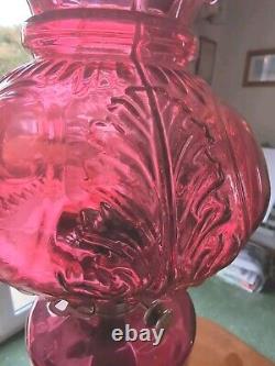 Silver Colored Oil Lamp Hinks No2. Cranberry Shade & Reservoir H591