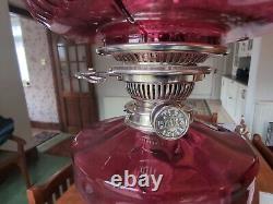 Silver Colored Oil Lamp Hinks No2. Cranberry Shade & Reservoir H591