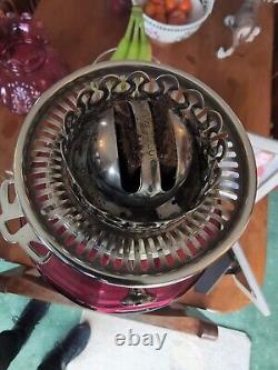 Silver Colored Oil Lamp Hinks No2. Cranberry Shade & Reservoir H591
