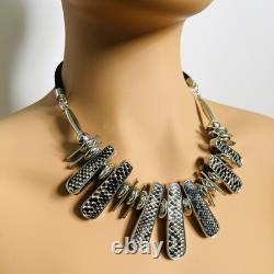 Silver Fan Necklace, Black & White Textured Bar Necklace, French 1990's Necklace