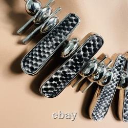 Silver Fan Necklace, Black & White Textured Bar Necklace, French 1990's Necklace