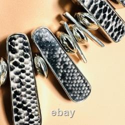 Silver Fan Necklace, Black & White Textured Bar Necklace, French 1990's Necklace