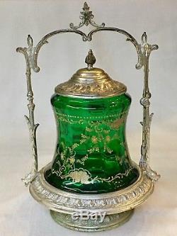Silver Plate Ornate Pickle Castor Hand Blown Green Bell Shaped Gold Encrusted