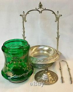 Silver Plate Ornate Pickle Castor Hand Blown Green Bell Shaped Gold Encrusted