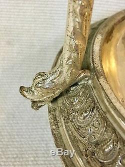 Silver Plate Ornate Pickle Castor Hand Blown Green Bell Shaped Gold Encrusted