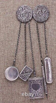 Silver Plated & Sterling Victorian Chatelaine Belt Pin Match Safe Needle Notepad