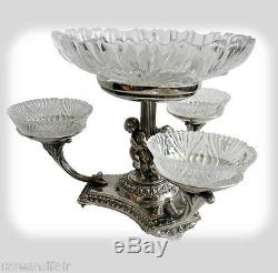 Silver plate tazza centerpiece epergne w crystal bowls cherubs