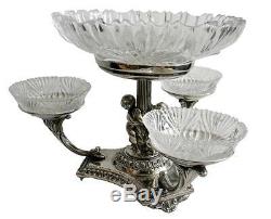 Silver plate tazza centerpiece epergne w crystal bowls cherubs