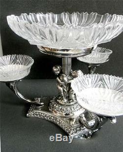 Silver plate tazza centerpiece epergne w crystal bowls cherubs