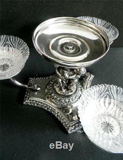 Silver plate tazza centerpiece epergne w crystal bowls cherubs
