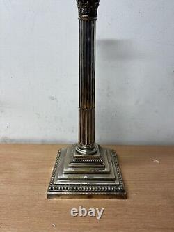 Silver plated reeded Corinthian column base Hinks With Cut Glass Bowl Oil Lamp