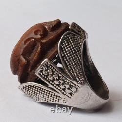 Silver-plated vintage ring with carved brown stone, unique handmade jewelry