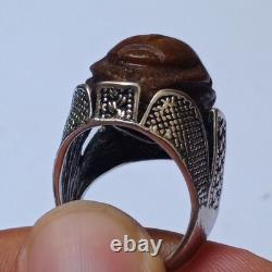 Silver-plated vintage ring with carved brown stone, unique handmade jewelry