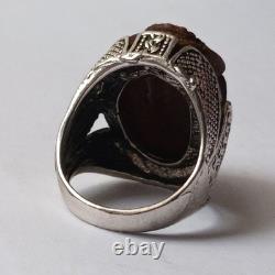 Silver-plated vintage ring with carved brown stone, unique handmade jewelry