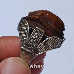 Silver-plated vintage ring with carved brown stone, unique handmade jewelry