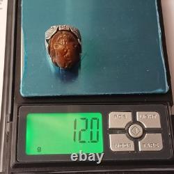 Silver-plated vintage ring with carved brown stone, unique handmade jewelry