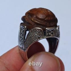 Silver-plated vintage ring with carved brown stone, unique handmade jewelry