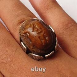 Silver-plated vintage ring with carved brown stone, unique handmade jewelry