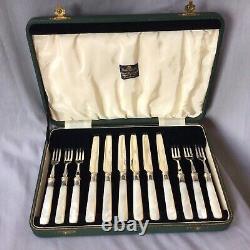 Six Pastry Knives & Forks, Mother Of Pearl Handles, Silver Plate Blades, Cased