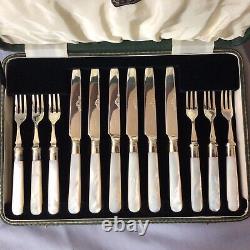 Six Pastry Knives & Forks, Mother Of Pearl Handles, Silver Plate Blades, Cased